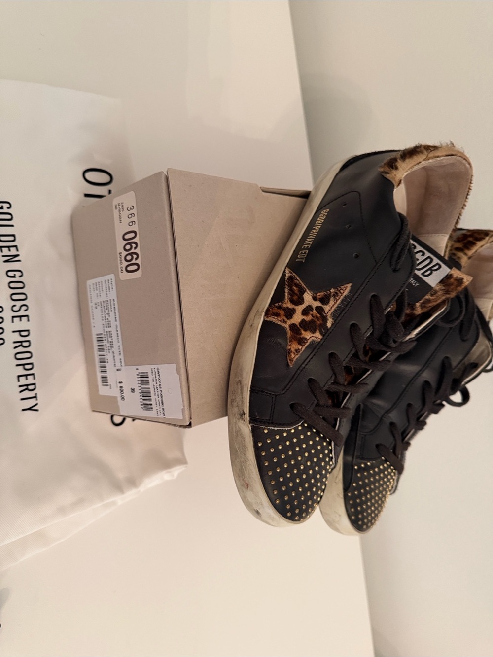 Golden Goose Women’s Black Leather Sneakers with Leopard Star & Gold Studs